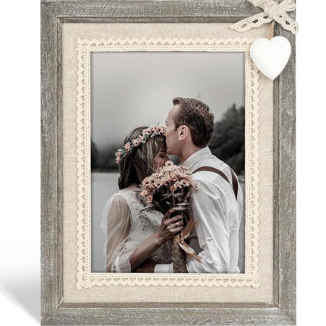 Sapowerntus 5x7 Picture Frames Rustic Wood Farmhouse Cute Heart Love Solid Wooden Family Photo Frame Lace Bow Glass Boho Wall Decor Hanging Tabletop Kids Mom Mother Wedding Gift