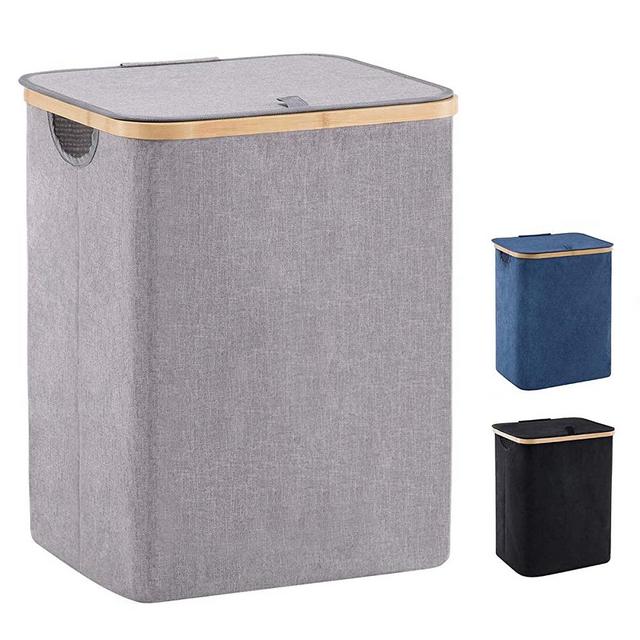 YOUDENOVA 66L Bamboo Laundry Hamper Basket with Lid and Handle, Waterproof and Collapsible Cloth Hamper for Closet and Bathroom, Grey(15.7"L 13"W 19.7"H)