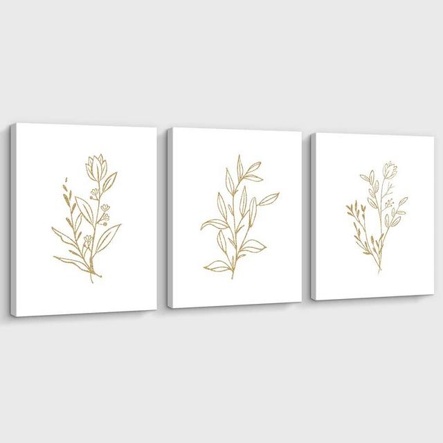 CREOATE Botanical Wall Art Print, Leaf Plant Poster Art Print Framed Set of 3 Minimalist Gold Leaves Canvas Wall Decor for Living Room