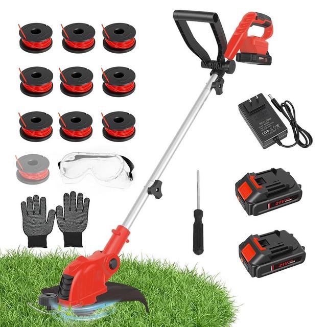 RAXONE 21V Cordless String Trimmer & Edger, 12" Auto-Feed Grass Cutter with 2.0Ah Battery & Fast Charger, 2-in-1 Electric Weed Wacker Lawn Tool for Yard Garden Maintenance-Red