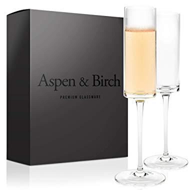 Aspen & Birch | Modern Champagne Flutes Set of 6 | Champagne Glasses | Mimosa Glasses | Hand Blown Glass Champagne Flutes | Clear | 6oz | 100% Lead Free Crystal Stemware |