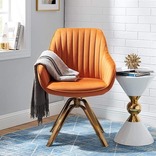 Volans Mid Century Modern Swivel Accent Desk Chair with Hollow Brushed Gold Plated Leg, Cinnamon