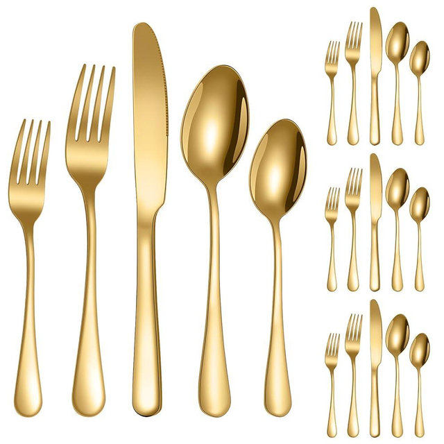 Knifes Forks Spoons Gold Silverware Set for 4，20-Piece Stainless Steel Flatware Set，Polished Tableware Eating Utensils Set for Kitchen,Not Easy to Scratch The Mouth and Dishwasher safe. (Gold)