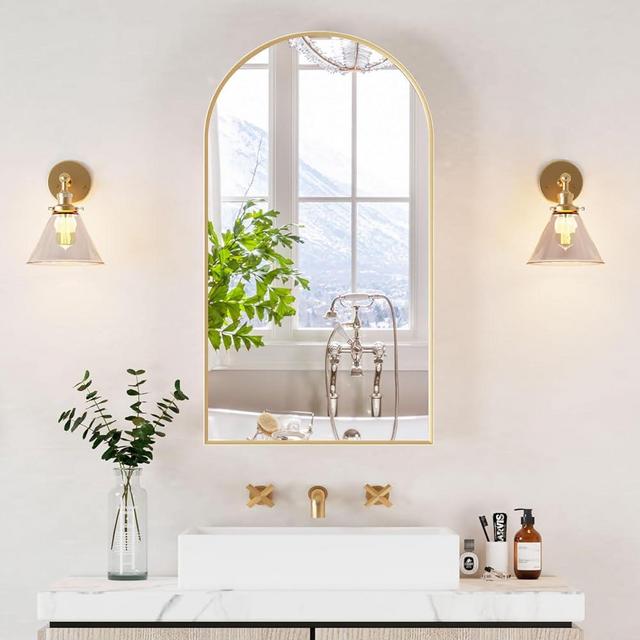 Mepplzian Arched Medicine Cabinets with Mirror,Metal Framed Gold Medicine Cabinet Wall Mounted,Mirrored Medicine Cabinet for Bathroom,Not Recessed,Brushed Brassiness Gold,20x36 Inch