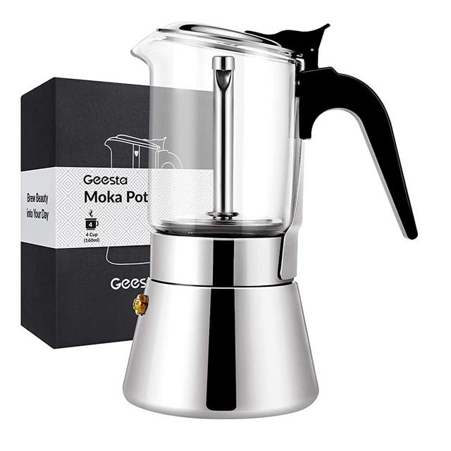 GEESTA Best Fathers Day Gifts 2021 Premium Crystal Glass-Top Stovetop Espresso Moka Pot - 4 / 6/ 9 Cups - Stainless Steel Coffee Maker- 160ml/5.6oz/4 cup (espresso cup=40ml)