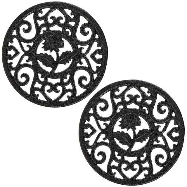Coloch 2 Pack Cast Iron Trivet with Pegs, 4.6 Inch Round Metal Trivet with Vintage Patterns Rustproof Hot Pot Holder Pads for Serving Hot Dishes, Pans, Pots, Tea Pots, for Kitchen Counter Top, Black