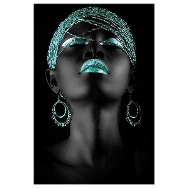 Baweio African American Wall Art - Silver Black Woman Portrait Poster, Minimalist African Girl Room Canvas Painting for Living Room Wall Decor Unframed (16x24 inch, Cyan)