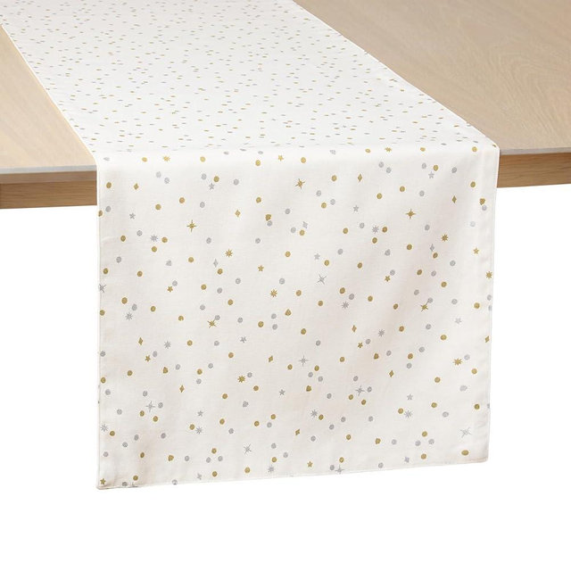 kate spade new york Celebration Confetti Dot Reversible Holiday Table Runner, 100% Cotton with Metallic Print, Machine Washable, Ivory/Gold/Silver, 15"x72"