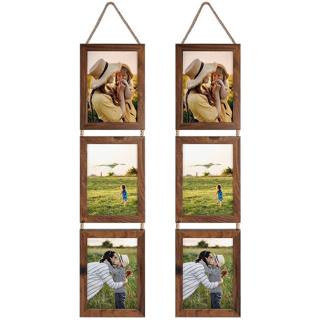 Lavezee 5x7 Collage Triple Picture Frames Set, Walnut Brown 6 Opening Hanging Vertical Frame Made to Display 5 by 7 Inch Photo Print for Wall Decor