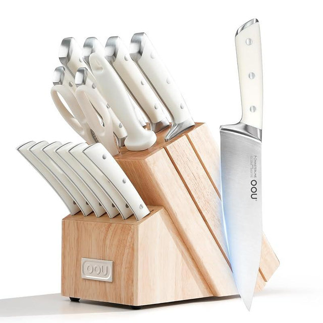 Knife Set, 15 Pcs German High Carbon Stainless Steel Kitchen Knife Set, Knife Sets with Block and Sharpener,Enduring Razor-Sharp FSC Wooden Knives Block Set for Kitchen，Nature