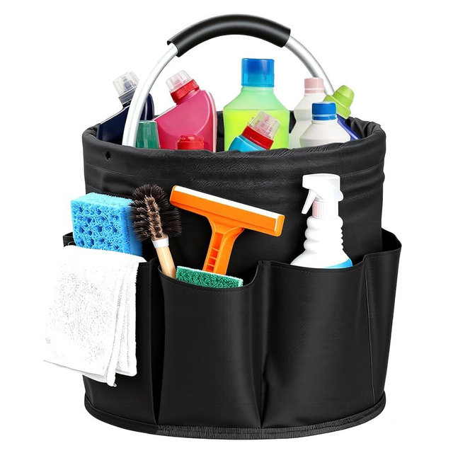 CIHTL Cleaning Caddy with Handle, Cleaning Products Organiser, Foldable Storage Basket, Large Supply Organiser 17L with 6 Pockets, Portable Cleaning Caddy for Home & Garden (Black)