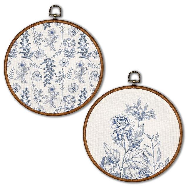 KSDUT Blue Flowers Wall Art Decor Set of 2 - Chinoiserie Flower Wall Art Canvas Frame Hanging Prints, Navy Blue Botanical Wall Decor for Grandmillennial Home Decorations 10"x10"