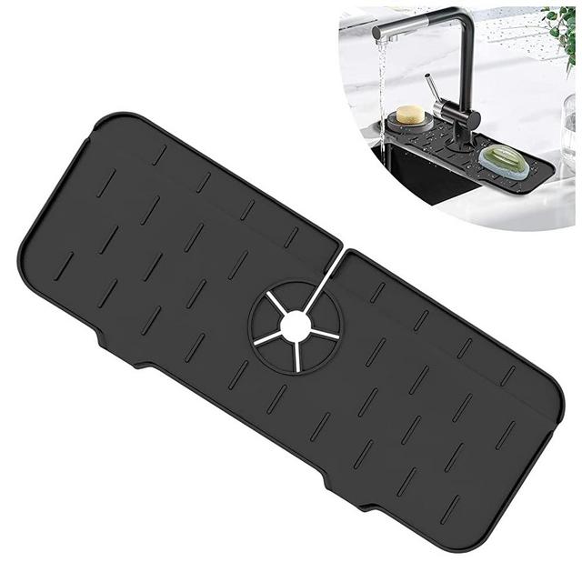 Silicone Sink Faucet Mat for Kitchen Sink Splash Guard, Drip Protector Splash Countertop Protection Rubber Drying Pad ,Bathroom Faucet Water Catcher Mat, Sink Draining Pad Behind Faucet (Black)