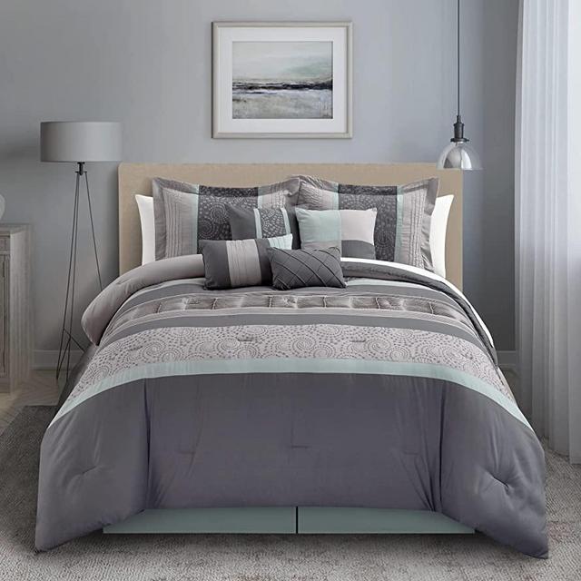 Chic Home 43CK117-AN 8-Piece Euphoria Embroidered Comforter Set, King, Dark Grey/Green