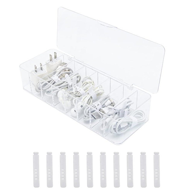 Wiwaplex Cable Organizer Storage Box Plastic Cable Cord Management Box Power Cord Organizer Case with 10Pcs Rubber Ties for Office, Home, Desk Accessories Storage Stationery Supplies