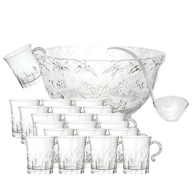 Party Essentials Patterned Plastic 8 oz. Swirled Coffee/Tea/Party Cups with Handle, 20-Count+1 Punch Bowl(12 Qt.)+1 Ladle, Clear