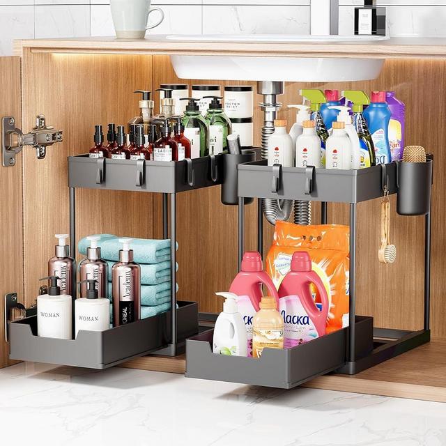 EYOBE Under Sink Organizer 2 Pack, 2-Tier Sliding Cabinet Organizer with Hooks and Hanging Cup, Multi-Use Under Sink Organizers and Storage for Kitchen Bathroom Office Laundry Room, Black