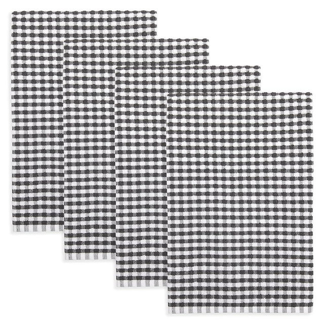 Cackleberry Home Gingham Check Terrycloth Kitchen Dish Towel Absorbent Large 18 x 28 Inches with Hanging Loop, Set of 4 (Charcoal Gray)