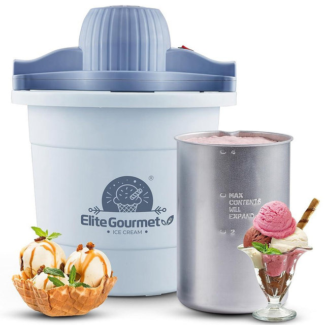 Elite Gourmet 4Qt Electric Ice Cream Maker EIM350 Delicious Homemade Ice Cream, Gelato, Sorbet, Frozen Yogurt, 4Qt Aluminum Freezing Cannister, Durable Plastic Ice Bucket, Powerful 50W, Periwinkle