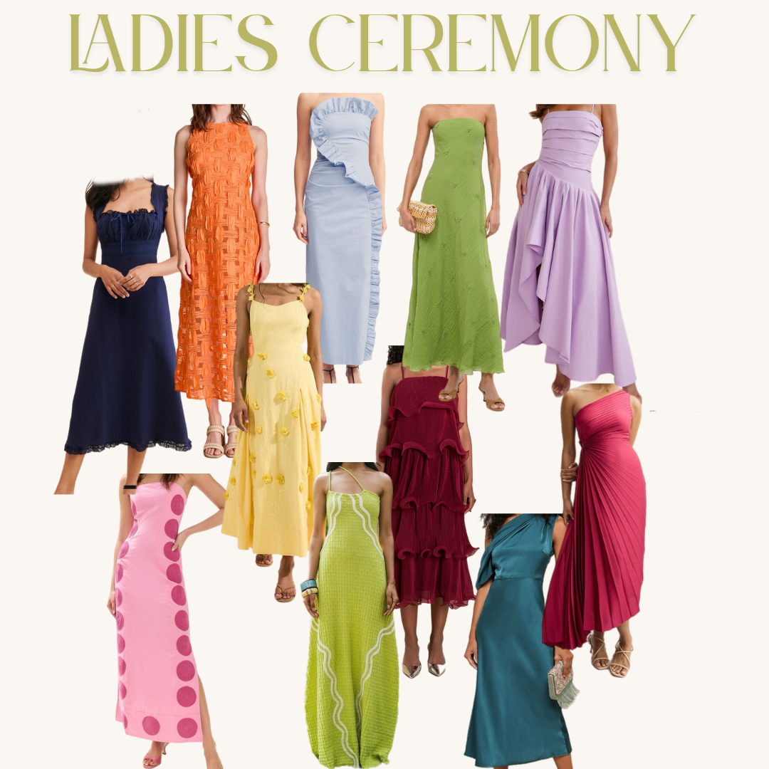 Semi-formal. Bright summer colors for the ceremony/reception. Patterns are welcome!