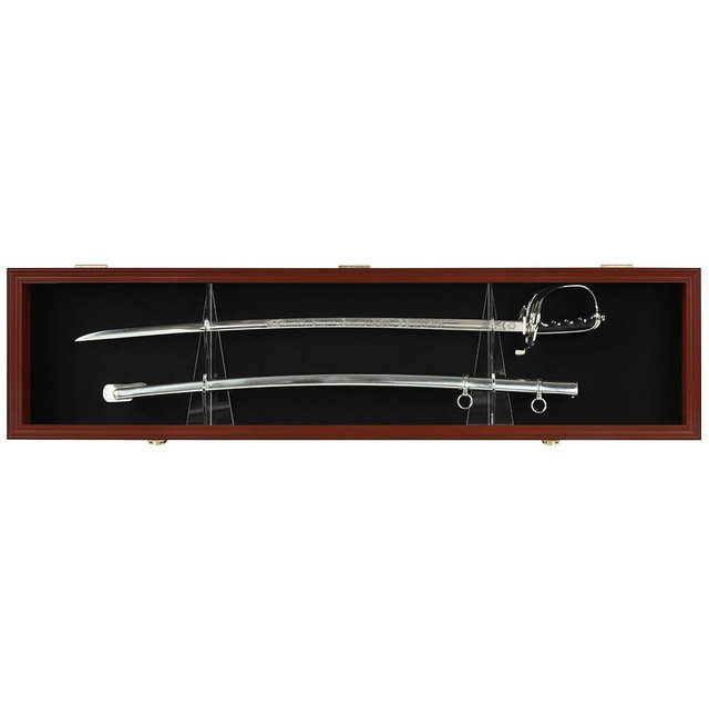 Sword Display Case Cabinet Stand Holder Wall Rack Holds Military Saber or Samurai Sword Lockable UV Protection Door Black Felt Inside, with Mahogany Finish Frame