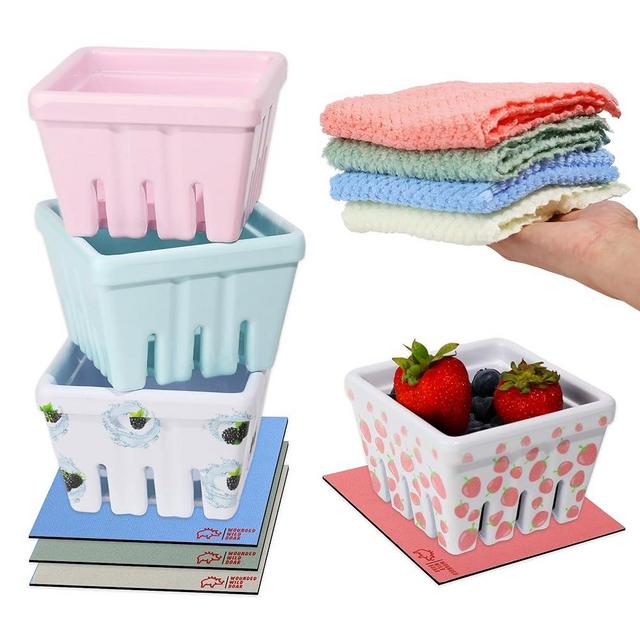 Wounded wild boar Ceramic Berry Basket Colander Fruit Bowl – Set of 4-Piece Decorative Fruit Baskets with Silicone Mats & Microfiber Towels – Charming Strawberry & Berry-Themed Kitchen Decor