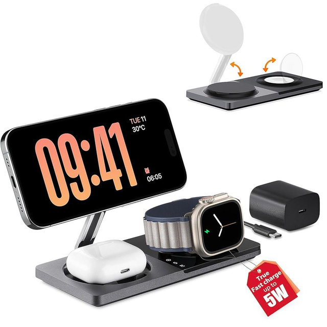 3 in 1 Charging Station for Apple Devices: Mag-Safe Charger Stand Fast Charging, Wireless Charger for iPhone 17 Air 16 15 14 13 12 Series, Apple Watch Series 1-9/Ultra, AirPods Pro (Black)