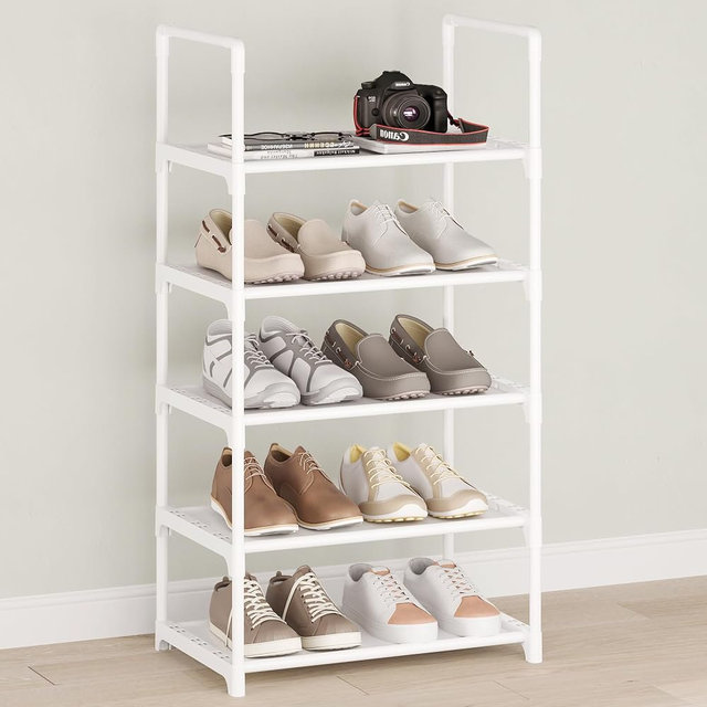 Hockmez 5-Tier Shoe Rack with Handrails, Stackable Narrow Shoe Storage for Entryway, 17.5" W x 11.4" D x 35.4" H, Space Saving Small Shoe Stand for Closet Hallway Dorm, Multi-Functional Shelf(White)
