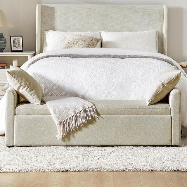EcoHarbor Modern Storage Ottoman Bedroom Bench, End of Bed Bench with Throw Pillows and Arms, Footrest Stool for Living, Dining Room, Entryway and Hallway(Beige 59.4inch)