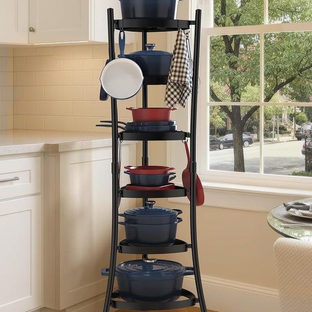 KES 264 Lbs Capacity Freestanding Pot Rack, 6-Tier Cast Iron Cookware Stand with 6 Hooks, Pots and Pans Storage Tower for Kitchen, Stable Base, Anti-tip Strap & Floor Protectors Black, KUR531S6-BK