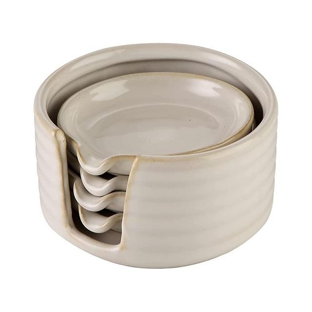 Ceramic S/4 Soy Dishes with Holder，Household Dipping Sauce Dishes Set, Side dishes for Kitchen, Spoon Rest & spoon holder, LIUCUON , Reactive Glaze