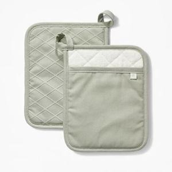 2pk Potholder Sage Green - Figmint™: Modern Kitchen Textiles, Cotton, Machine Washable, Silicon Gripper, 7.5" Width
