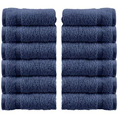 White Classic Luxury Cotton Washcloths - Large Hotel Spa Bathroom Face Towel | 12 Pack | Navy Blue