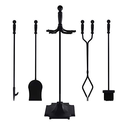EveryMomentCounts 5 Pieces Fireplace Tools Set Wrought Iron Fire Place Kit Wood Stove Hearth Tools Holder with Handles for Indoor Outdoor Modern Hand Tool Poker Tongs Shovel Brush Sets Black