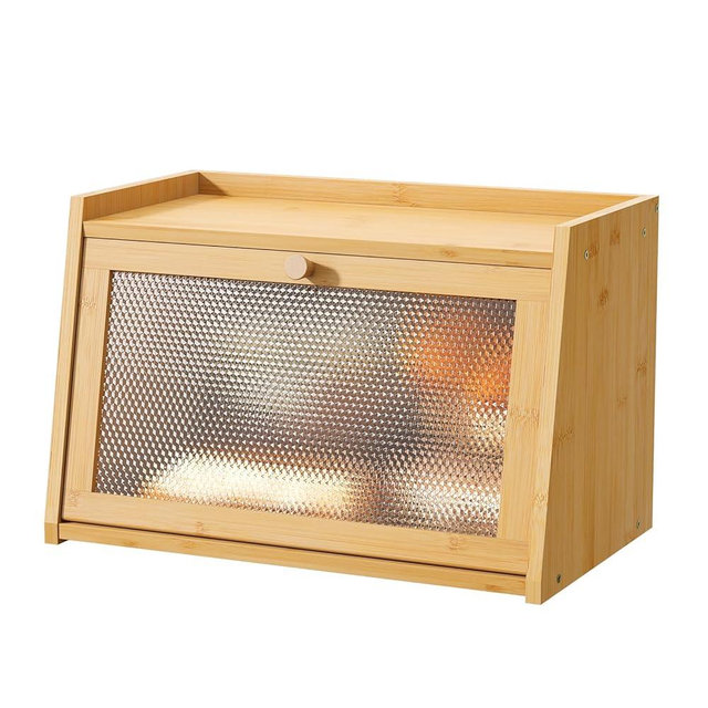Wieghda Large Farmhouse Bread Box with Window - Natural Wood Bread Storage Container for Kitchen Countertop