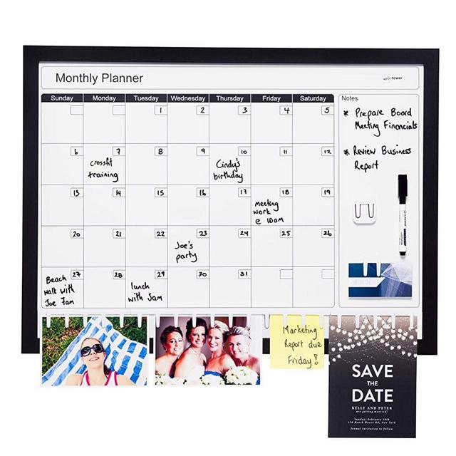 Note Tower Monthly Calendar White Board & Bulletin Board, 17 x 23 Whiteboard Magnetic, Dry Erase Board with Pin-Free Paper Holder, Black Wood Frame, Wall Mounted for Homeschooling, Office, Classroom