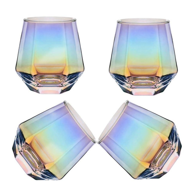 YUHANOER Wine Glasses Set Of 4,Stemless Wine Glass10 Oz Iridescent Glassware Modern Rainbow Wine Glass Colored Tumblers for Red Wine,Cocktail,Whiskey, Bourbon,Gift wine lovers (Iridescent)