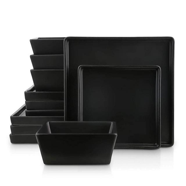 Stone lain Grace Square Stoneware Dinnerware Set, 12 Piece Service For 4, Black
