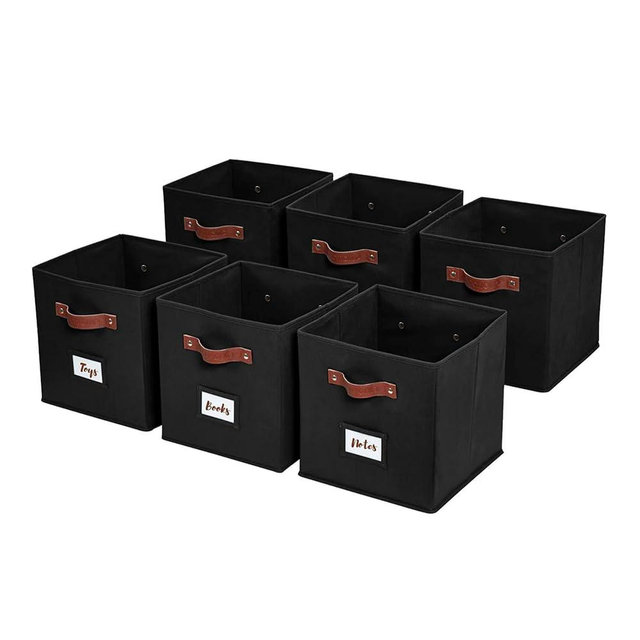 DECOMOMO Storage Bins | Cube Storage Bin with Label Holders, Fabric Storage Cubes for Organizing Shelves Closet Toy Clothes (10.5" x 11" / 6pcs, Black)