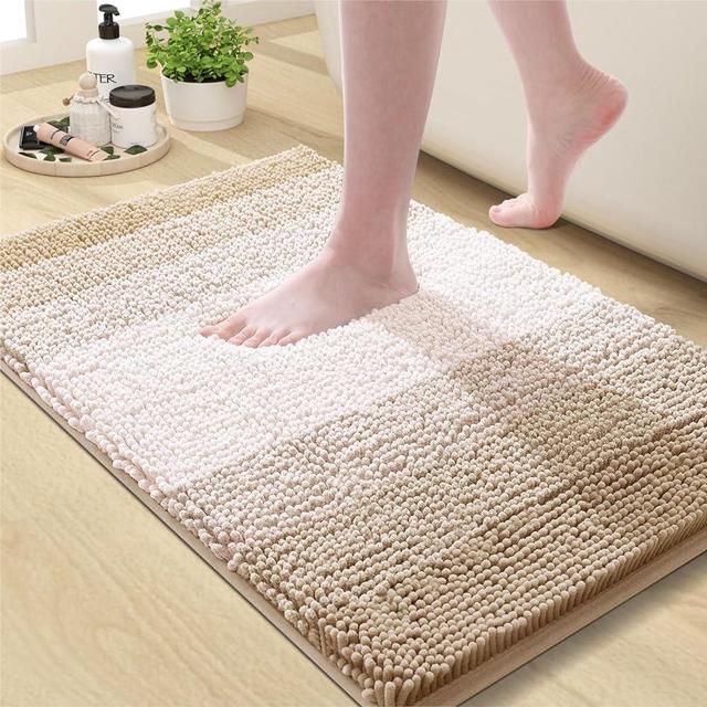 OLANLY Bathroom Rug, Extra Soft Chenille Thick Absorbent Shaggy Mat, Non-Slip Machine Wash Dry Plush Bath Mats for Bathroom, Tub and Shower (24 x 16 Inch, Beige)