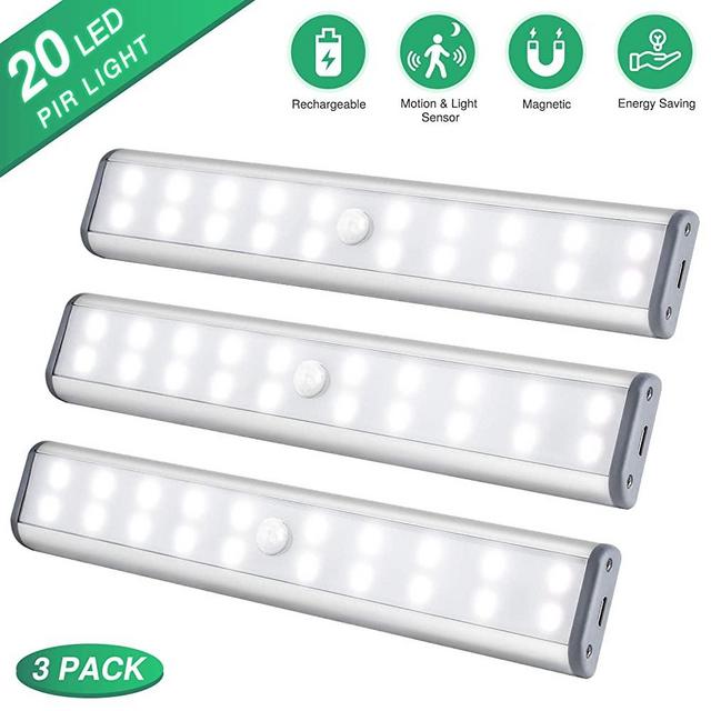 Under Cabinet Lighting Closet Light 20 LEDs 3 Packs, Wireless Rechargeable Cabinet Lights, Magnetic Under Counter Lighting, LED Motion Sensor Night Light for Closet Cabinet Wardrobe Stairs (White)