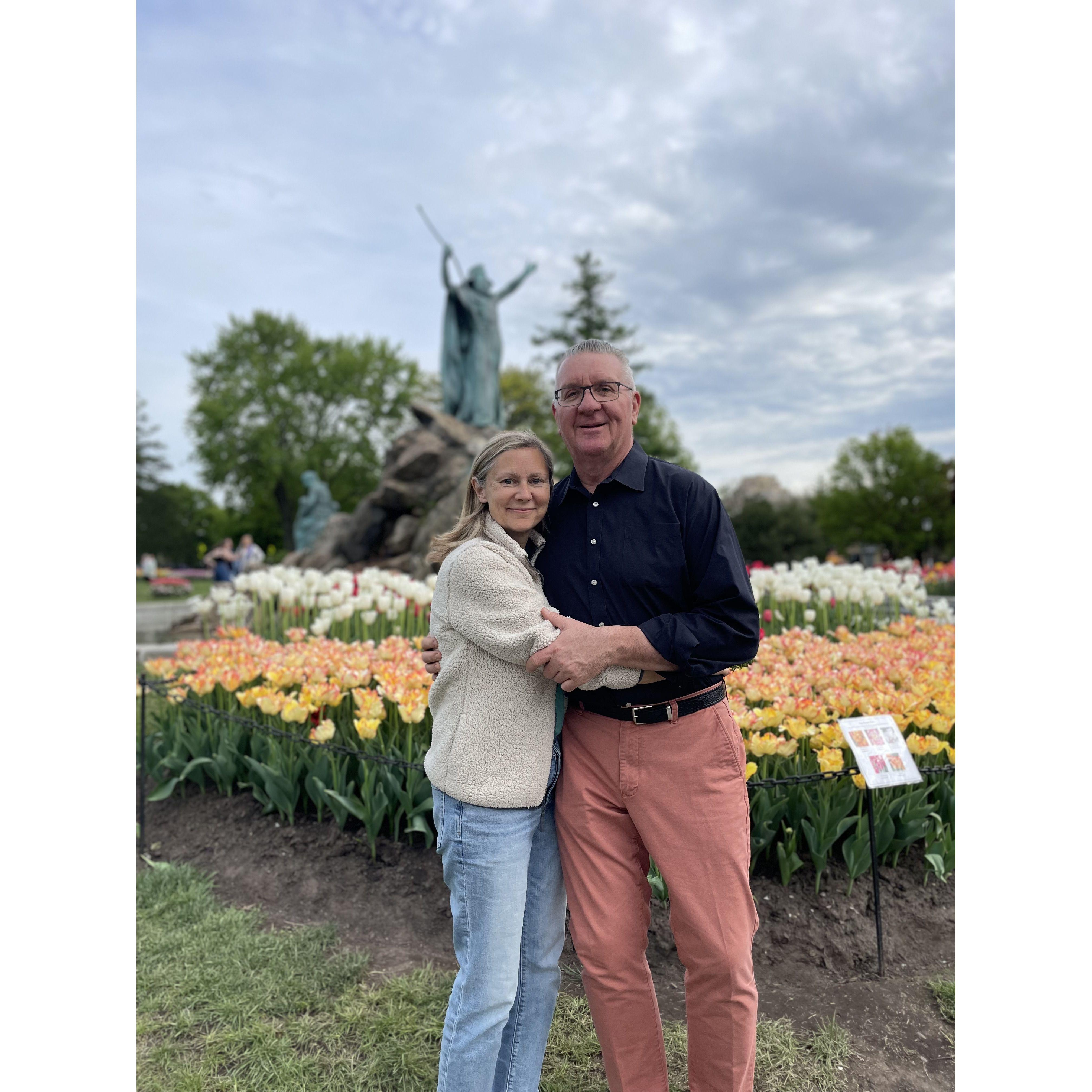 Albany Tulip Festival with Moses parting the tulips behind us.