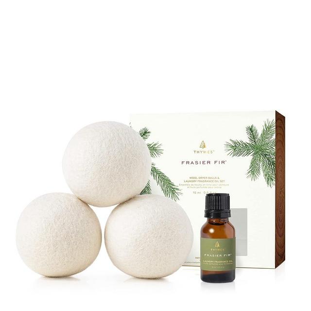 Thymes Wool Dryer Balls Set – Includes 3 Wool Laundry Balls + 1 Scented Laundry Fragrance Oil for Dryer – Eliminate Wrinkles, Static & Lint (Frasier Fir, 0.5 fl oz)