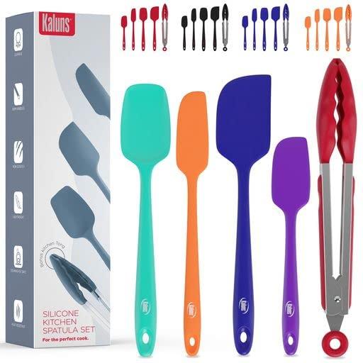 Kaluns Silicone Spatula Set, 4 Rubber Spatulas 600°F Heat Resistant, Nonstick Seamless Design with Stainless Steel Core, Dishwasher Safe, BPA free, Bonus Tongs Included (Mixed Colors)