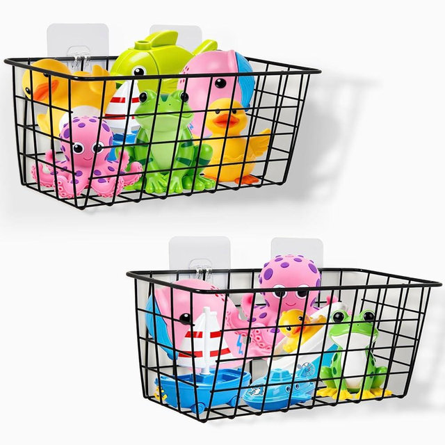 Hanging Bath Toy Storage Basket - 2 Pack Metal Bath Toy Holder with Hooks - Bathtub Toy Storage Organizer for Baby Bath Kids Shower Bathroom