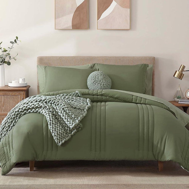 Monbix Comforter King Size, King Comforters Set 7 Piece, Breathable Solid Bedding Sets King with Comforters, Sheets, King Bed in A Bag with Sheets,Pillowcases & Shams (Light Sage Green King, 102"x90")