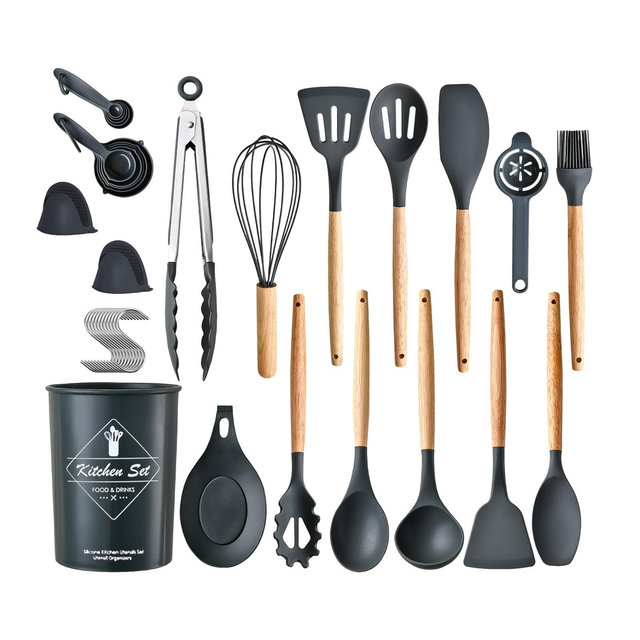 NewHome "35-Piece Kitchen Utensil Set with Spatulas, Tongs, Turner, Spoons, Cups, Egg Whisk & Holder" Black
