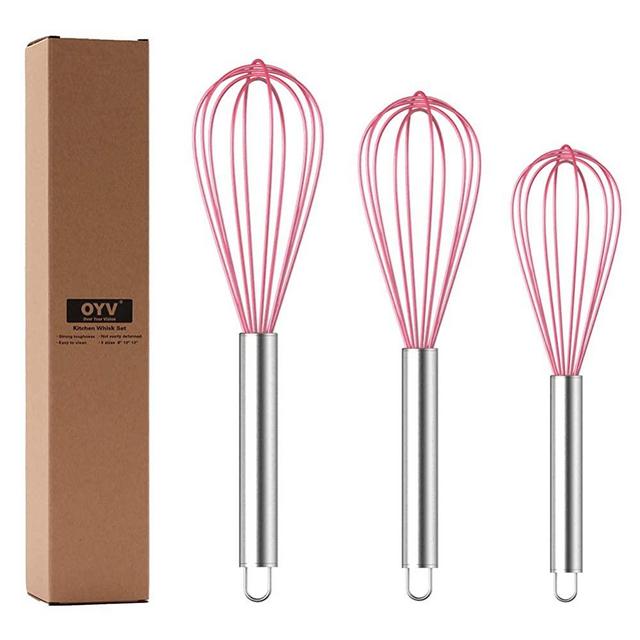 OYV Whisk, Whisks for Cooking Silicone Mini Whisk 3 Pack Sturdy Colored Balloon Egg Beater for Blending Whisking Beating Stirring Cooking Baking (pink)