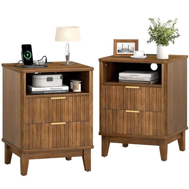 Night Stand Set of 2 with Charger Station, Fluted Nightstand with Drawers and Storage Shelf, Mid Century Modern Bedside Table Nightstands, Large Bed Side Table Wood Night Stands for Bedroom