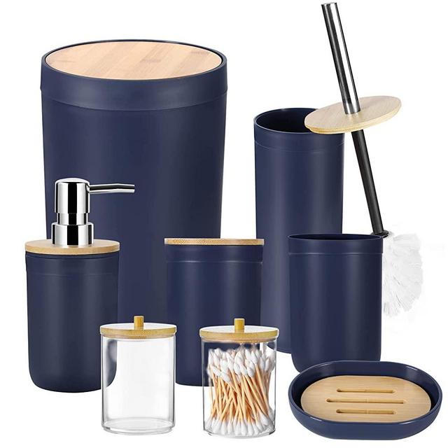iMucci 8Pcs Navy Blue Bathroom Accessories Set - with Trash Can Toothbrush Holder Soap Dispenser Soap and Lotion Set Tumbler Cup…